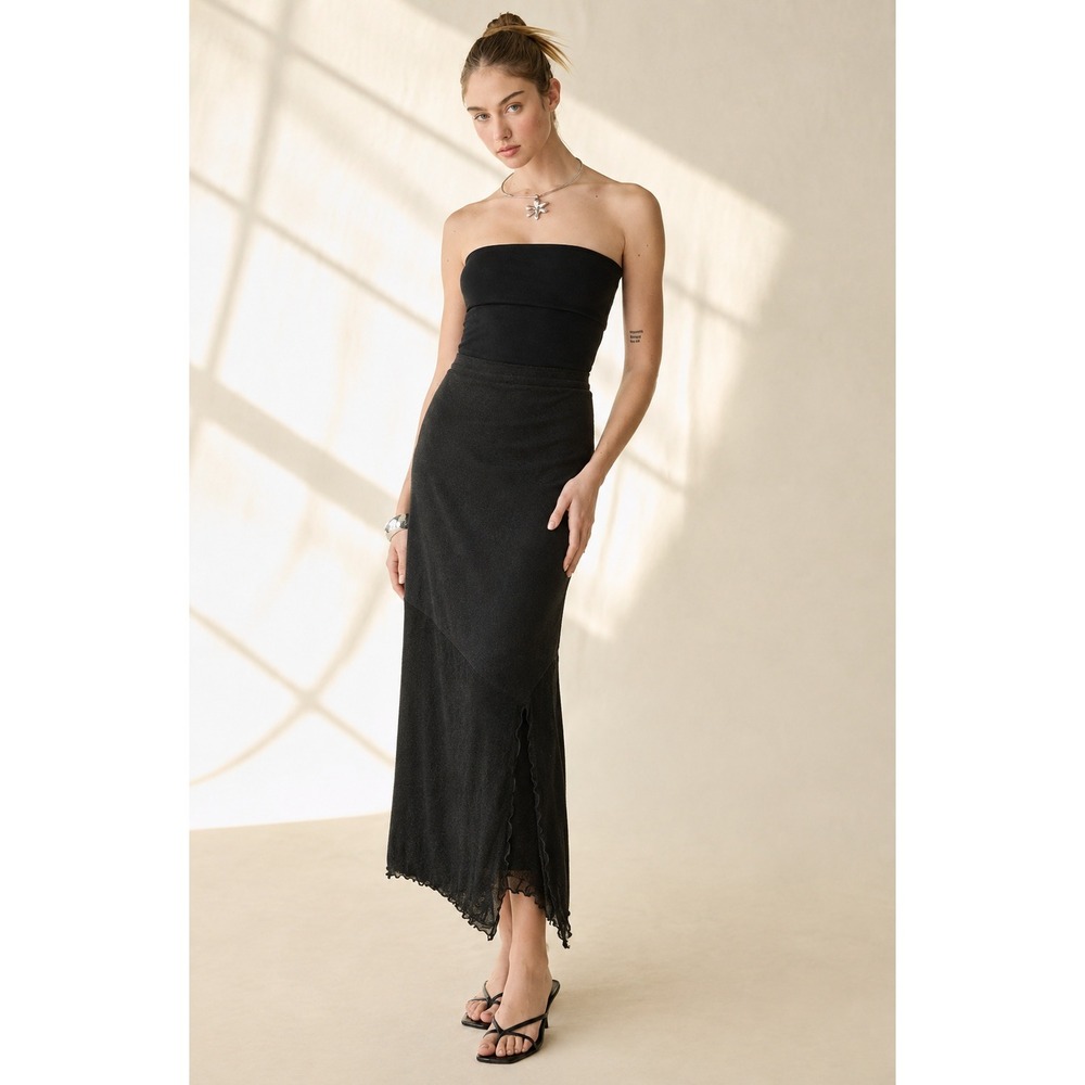 URBAN OUTFITTERS Mesh Strapless Maxi Midi Dress Lettuce Hem Black Sz L